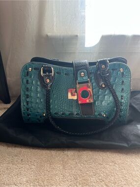Teal Croc-Embossed Satchel Handbag with Black Trim